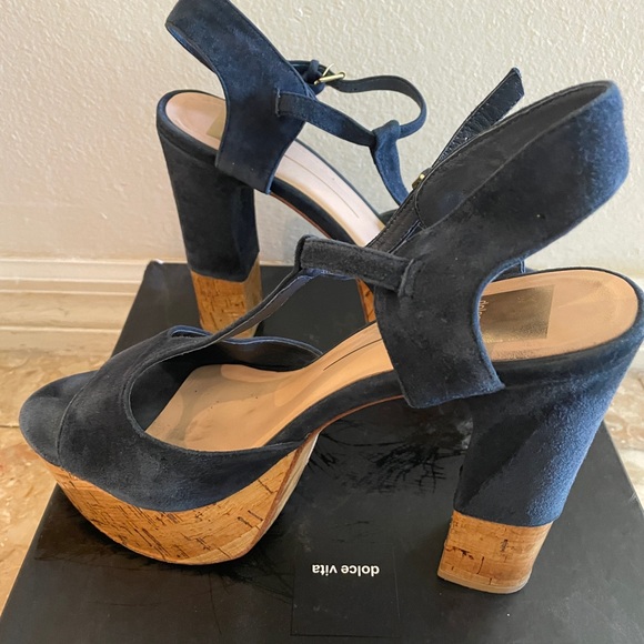 Dolce Vita Baxter Navy Blue
Suede Cork T-Strap Platform
Heels Women's Size 10 - Picture 2 of 5